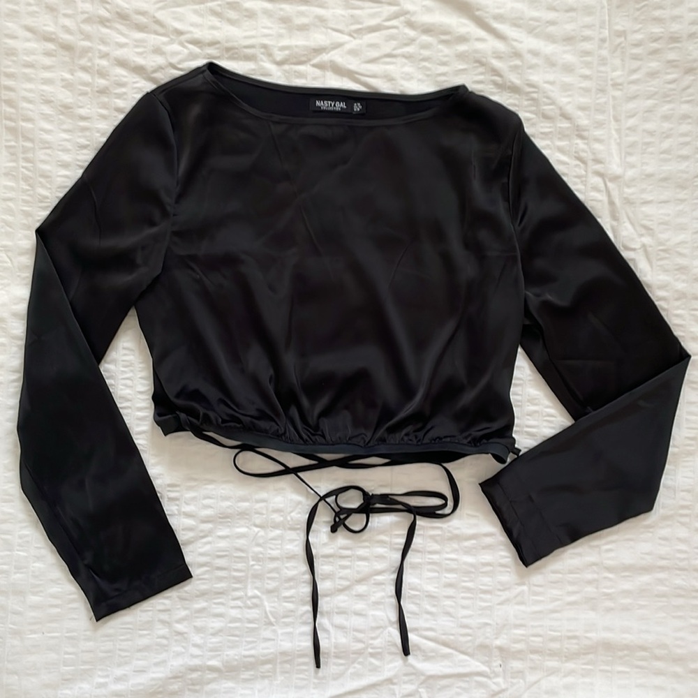 Nasty Gal Long Sleeve Tie Waist Crop Blouse